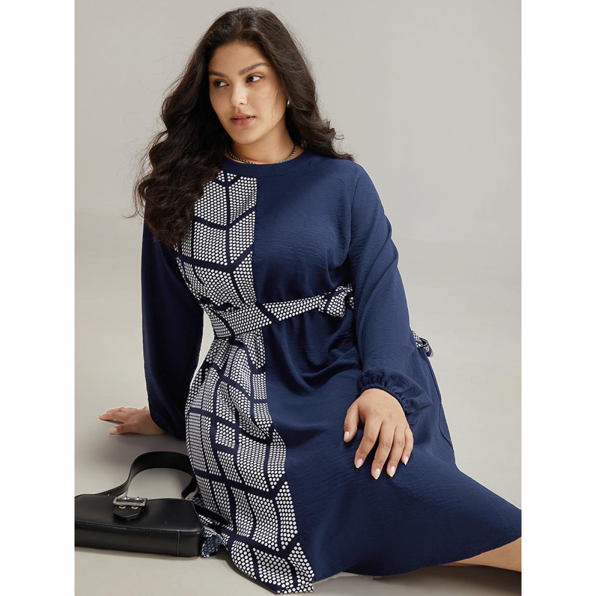 Plus Size Polka Dot Geometric Patchwork Belted Dress Navy Women At the Office Elastic cuffs Round Neck Long Sleeve Curvy Midi Dress BloomChic 22-24/3X Product Image