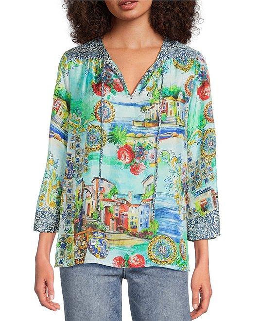 JOHNNY WAS Scenic Print Silk Split V-Neck 3/4 Sleeve Flowy Blouse Product Image