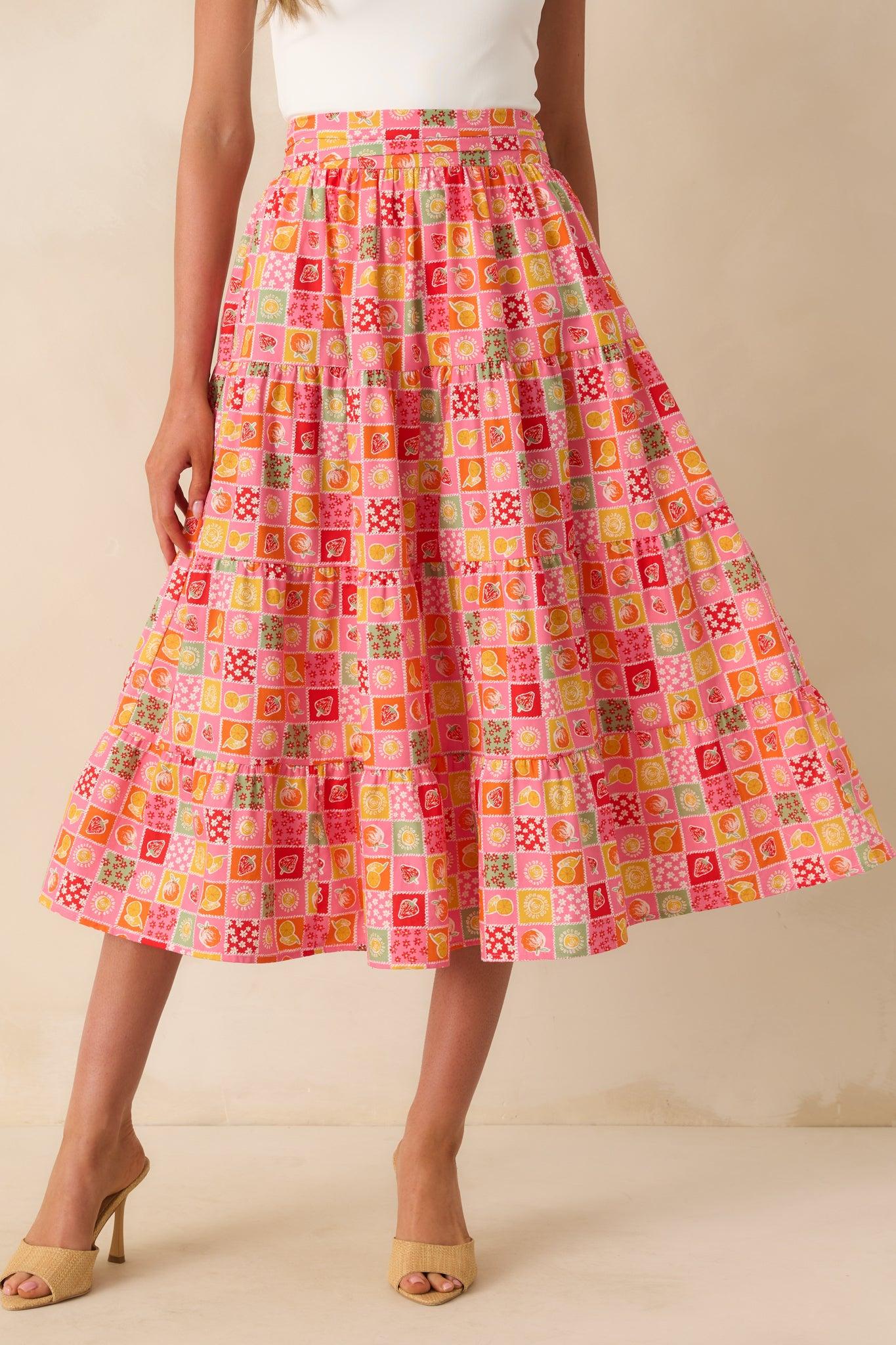 Looks Just Right Pink Multi Patchwork Print Midi Skirt Product Image
