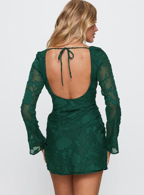 Jadee Long Sleeve Mini Dress Green Burnout Product Image