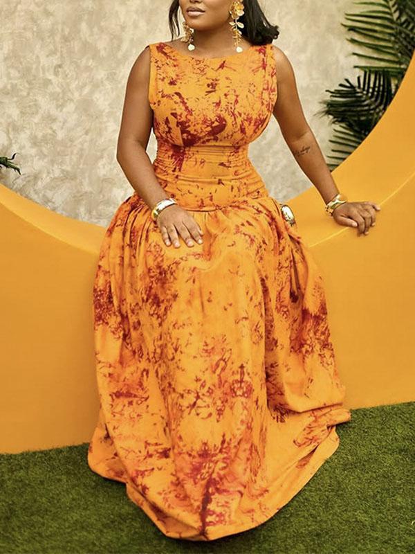 Bodycon Sleeveless Pleated Zipper Round-Neck Maxi Dresses Product Image