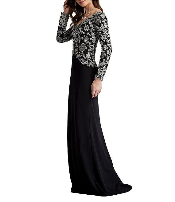 Tadashi Shoji Embroidered Lace Crepe Off The Shoulder Long Sleeve Gown Product Image