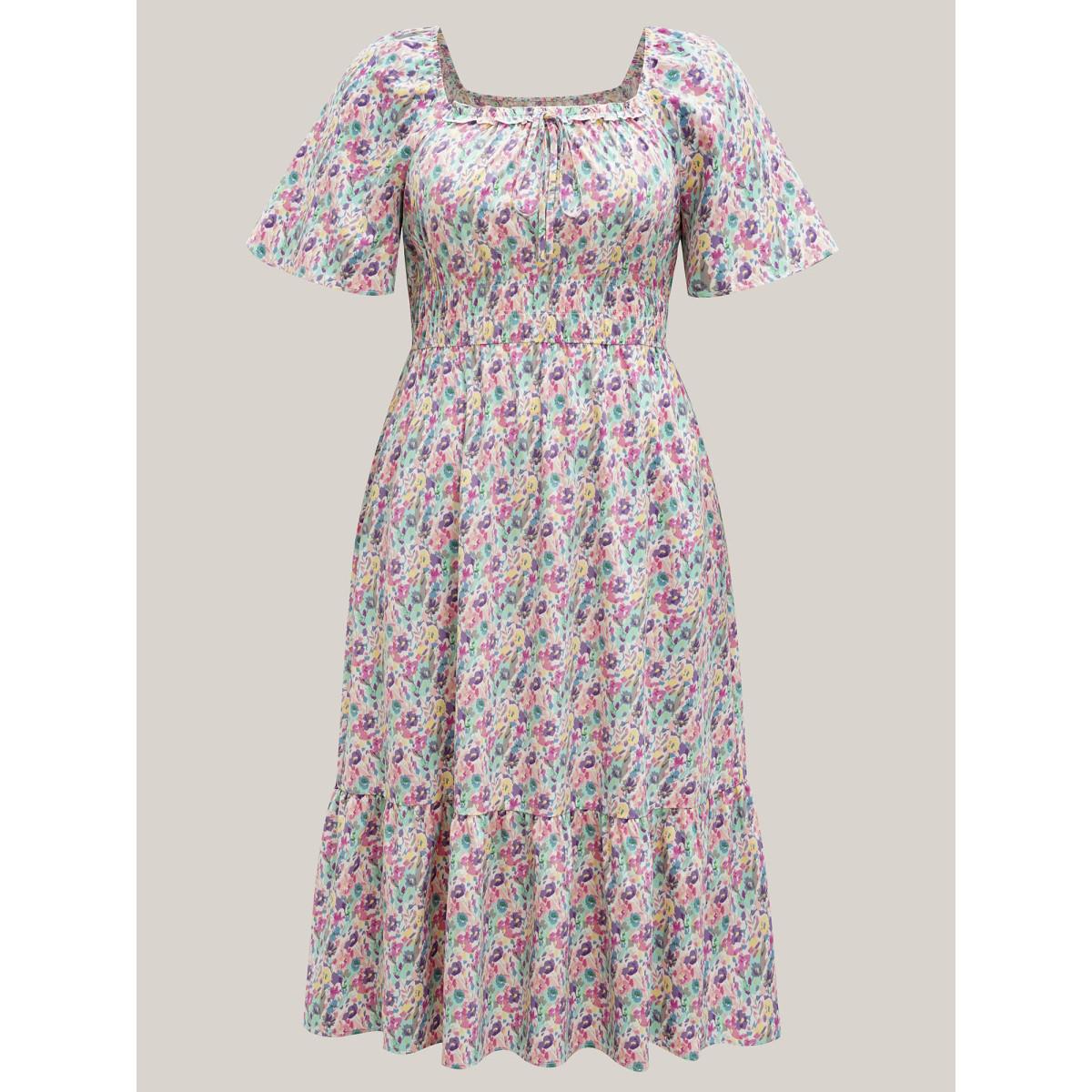 Plus Size Smocked Waist Floral Ties Tiered Maxi Dress Multicolor Women Timeless Tie knot Square Neck Short sleeve Curvy BloomChic 30/6X Product Image