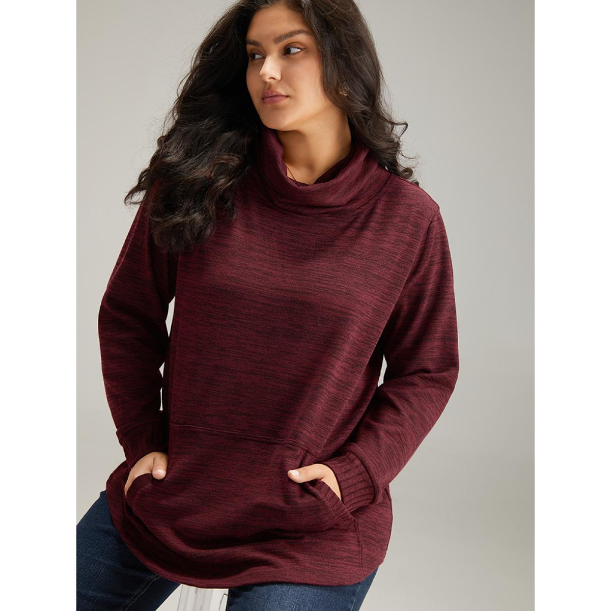 Plus Size Plain Turtleneck Pocket Heather Sweatshirt Women Burgundy Elegant Plain Turtleneck Dailywear Sweatshirts BloomChic 18-20/2X Product Image