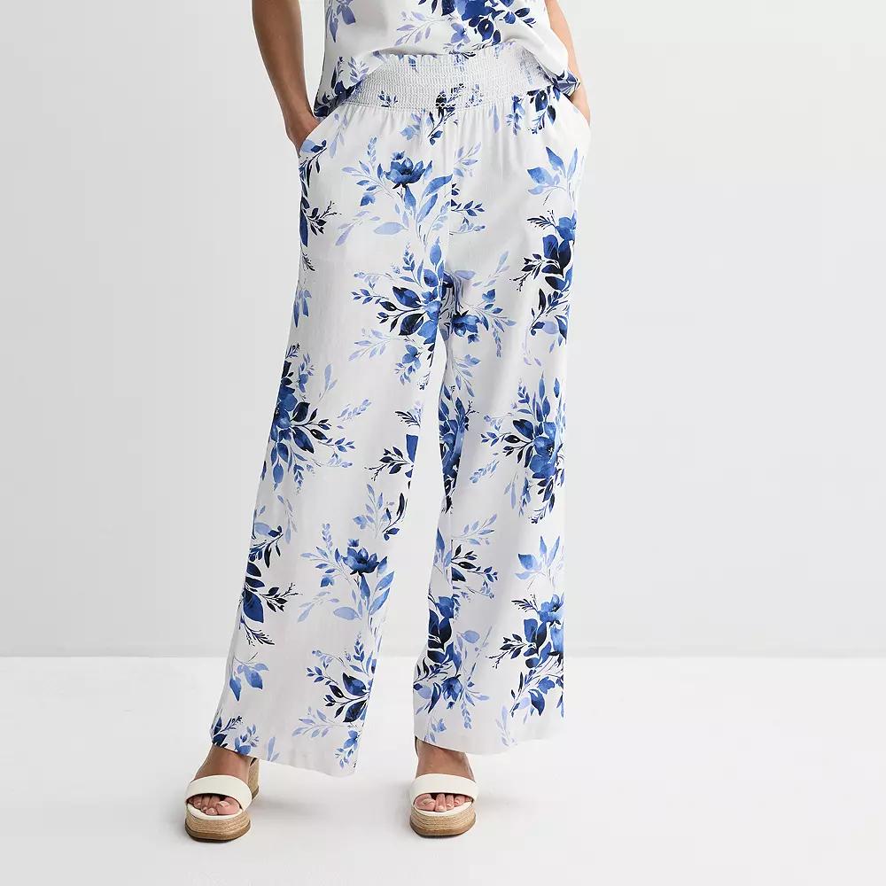 Women's Ellen Tracy Smocked High Waist Linen Pants, Size: Medium, Floral Bloom Product Image