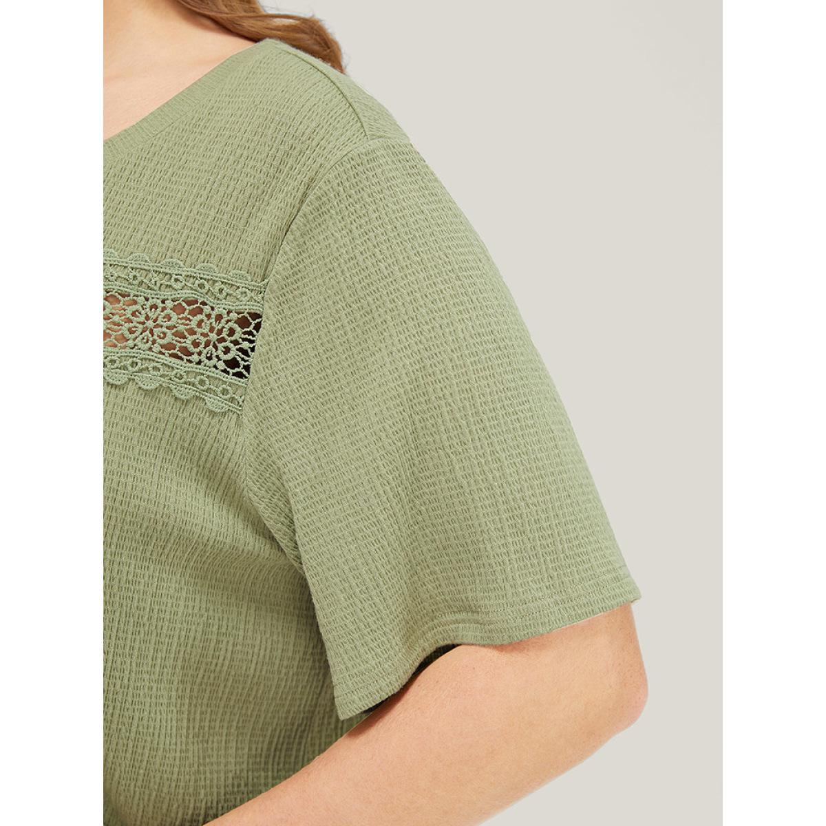 Plus Size Plain Textured Contrast Lace Crew Neck T-shirt Sage Women Elegant Plain Round Neck Dailywear T-shirts BloomChic 30/6X Product Image