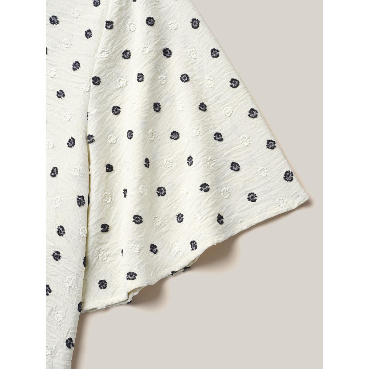 Plus Size Beige Textured Polka Dot Print Flared Sleeve Shirt Women Retro Short sleeve V-neck Elegant Blouses BloomChic 12/L Product Image
