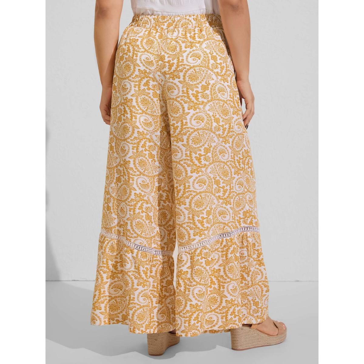 Plus Size Paisely Print Lace Trim Wide-Leg Pants Women Lightyellow Boho Wide Leg Mid Rise Vacation Pants BloomChic 26/4X Product Image