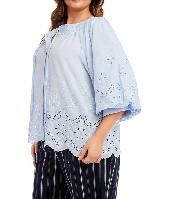 Karen Kane Plus Size Eyelet Embroidered 3/4 Puff Sleeve Tie Neck Top Product Image