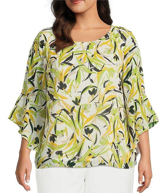 Kasper Plus Size Chiffon Crew Neck 3/4 Ruffle Sleeve Blouse Product Image