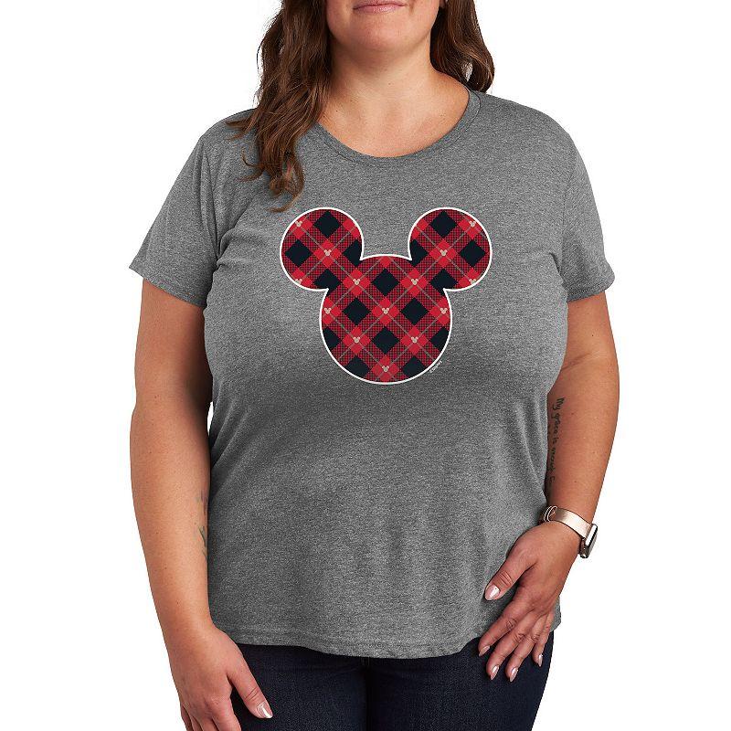 Disneys Mickey Mouse Plus Plaid Silhouette Graphic Tee, Womens Grey Blue Product Image