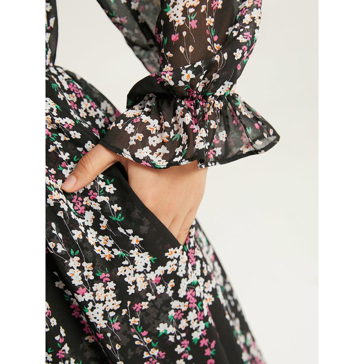 Plus Size Ditsy Floral Chiffon Patchwork Frill Trim Dress Black Women Elegant See through V-neck Long Sleeve Curvy Midi Dress BloomChic 14-16/1X Product Image