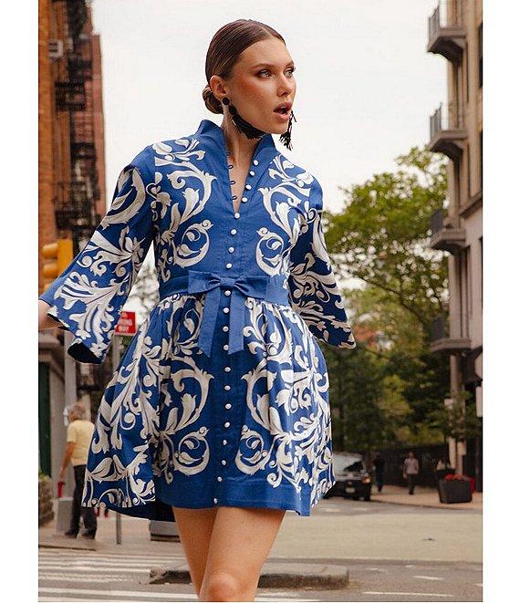 Mestiza New York Carmen Sateen Scroll Print Mandarin Collar 3/4 Full Sleeve Mini A-Line Dress Product Image