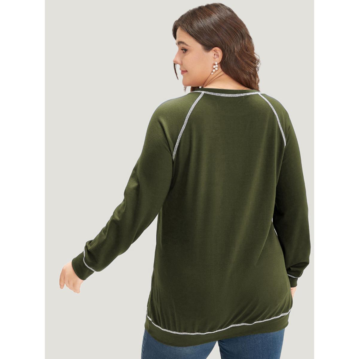 Plus Size Floral Print Stitch Crew Neck Raglan Sleeve Sweatshirt Women ArmyGreen Casual Elastic cuffs Dailywear Sweatshirts BloomChic 22-24/3X Product Image