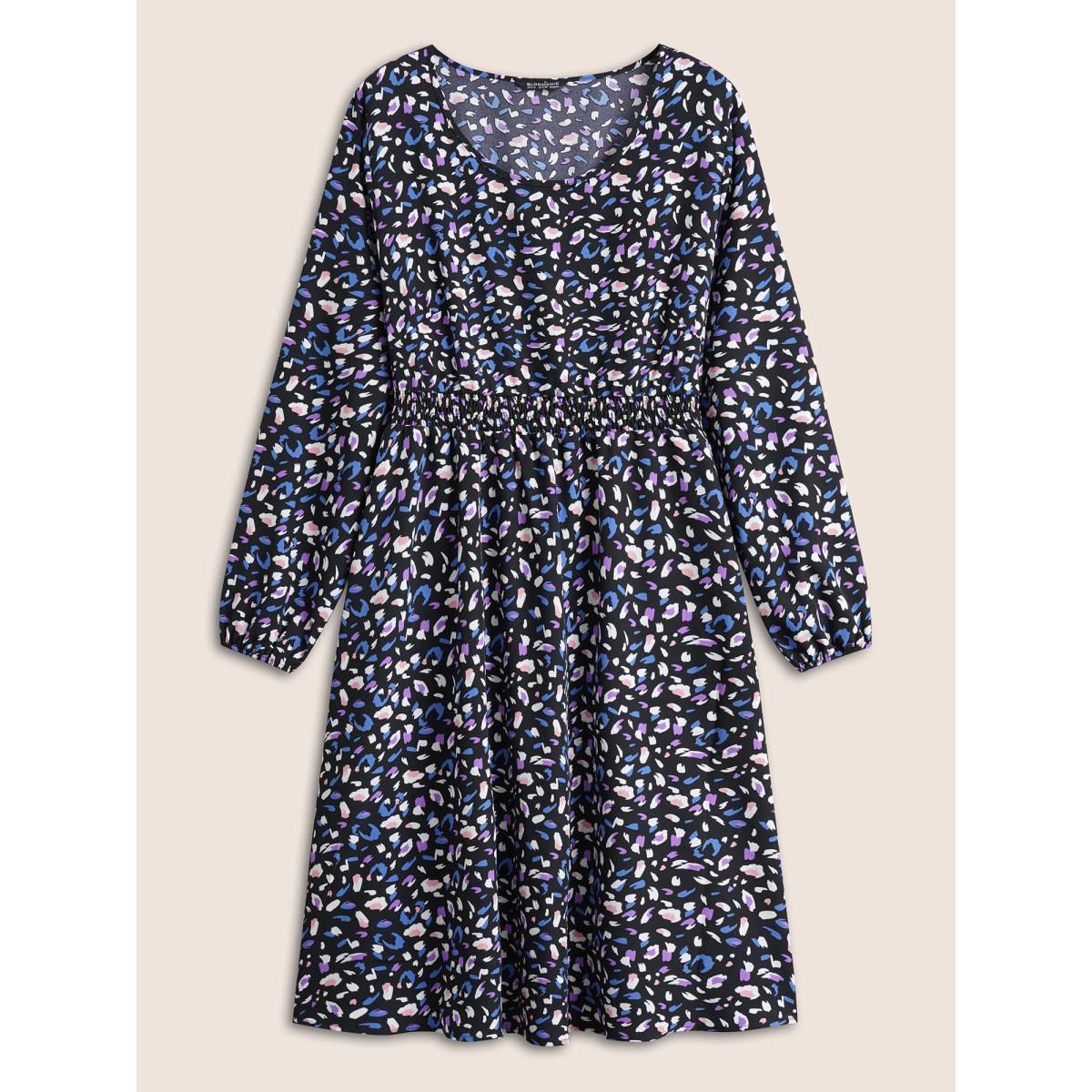 Plus Size Colored Leopard Print Elastic Cuffs Shirred Dress Black Women Elegant Non Round Neck Long Sleeve Curvy Knee Dress BloomChic 10/M Product Image