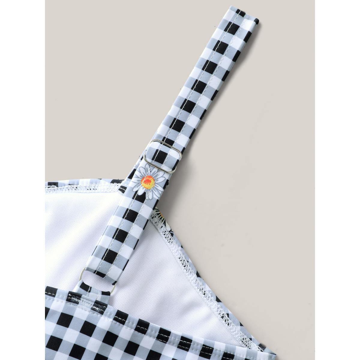 Plus Size Plaid Floral Print Drawstring One-Piece Swimsuit Women's Swimwear Black Beach Gathered Curve Bathing Suits High stretch One Pieces BloomChic 28/5X Product Image