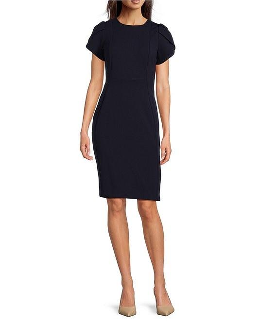 Calvin Klein Crew Neck Short Tulip Sleeve Solid Sheath Stretch Dress Product Image