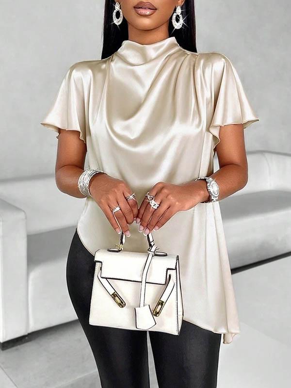 Loose Short Sleeves Asymmetric Solid Color Mock Neck Blouses&Shirts Tops Product Image