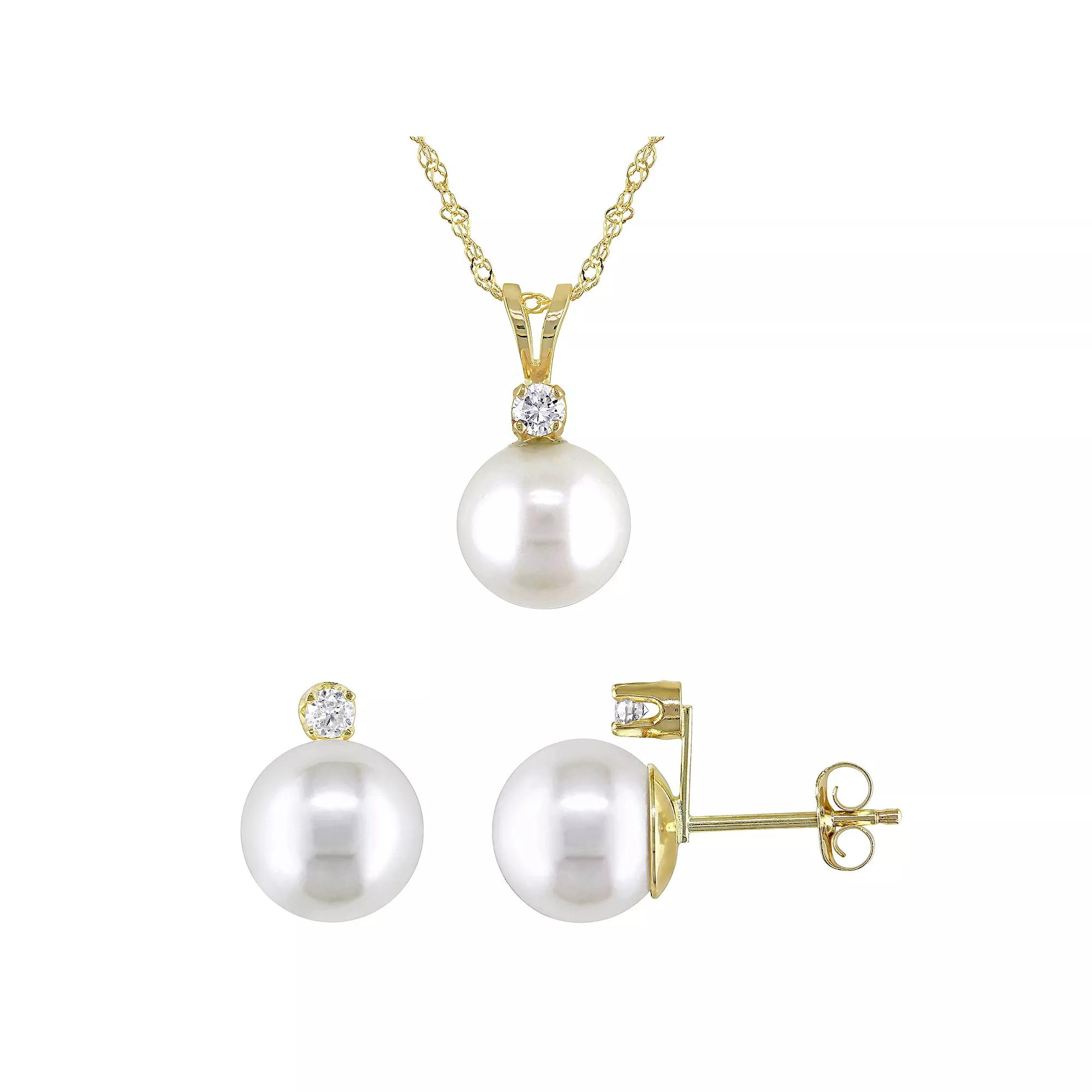 Stella Grace 14k Gold Freshwater Cultured Pearl & 1/6 Carat T.W. Diamond Pendant & Earring Set, Women's, Size: 18" Product Image