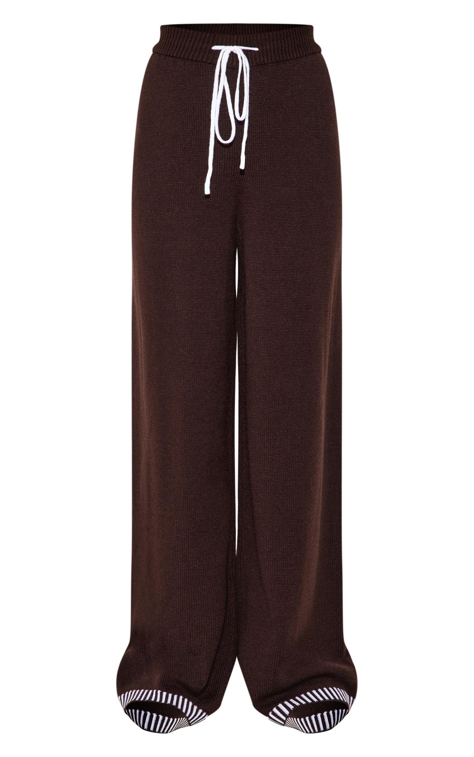 Chocolate Contrast Stitch Detail Knit Drawstring Waist Pants Product Image