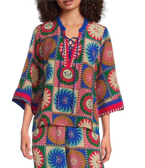 JOHNNY WAS Coordinating Villa Silk Tile Geometric Sun Print Split Lace-Up V-Neck 3/4 Sleeve Blouse Product Image
