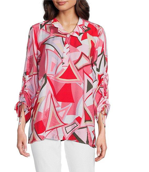 Ali Miles Abstract Print Wire Collar 3/4 Cinch Tie Sleeve Tunic Product Image
