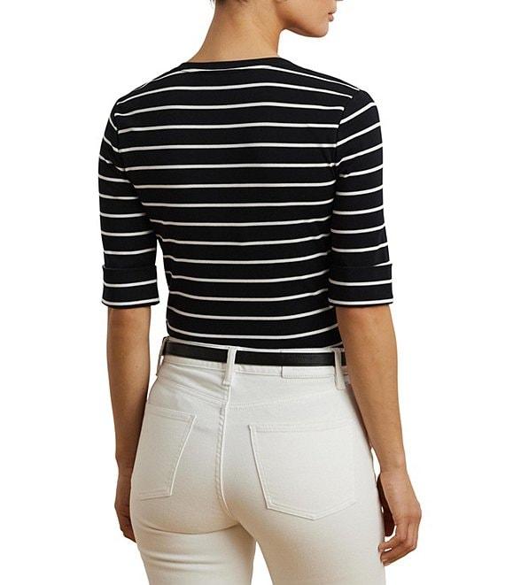 Lauren Ralph Lauren Knit Stripe Stretch Cotton V-Neck Elbow Sleeve Tee Product Image
