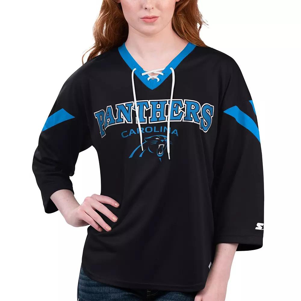 Women's Starter Black Carolina Panthers Rally Lace-Up 3/4 Sleeve T-Shirt,  Product Image