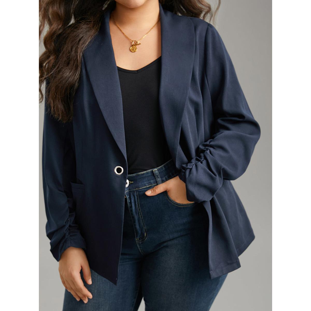 Plus Size Plain Lapel Collar Button Fly Patched Pocket Blazer Midnight Women Dailywear Plain Plain Sleeve Long Sleeve Lapel Collar 28/5X Pocket Casual Blazers BloomChic Product Image