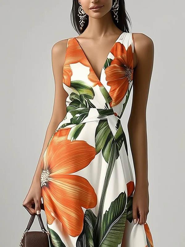Loose Sleeveless Floral Printed Split-Joint V-Neck Evening Dresses Maxi Dresses Product Image