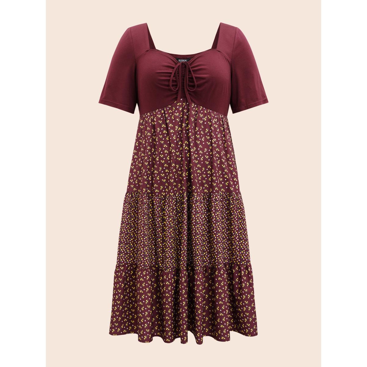 Plus Size Ditsy Floral Patchwork Ruffle Layered Hem Dress Burgundy Women Elegant Patchwork Heart neckline Short sleeve Curvy BloomChic 28/5X Product Image