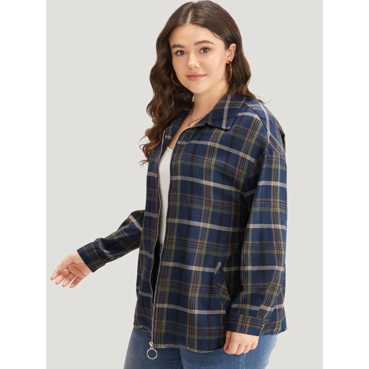Plus Size Plaid Lapel Collar Pocket Zipper Fly Coat Women Indigo Zipper Pocket Dailywear Jackets BloomChic 18-20/2X Product Image