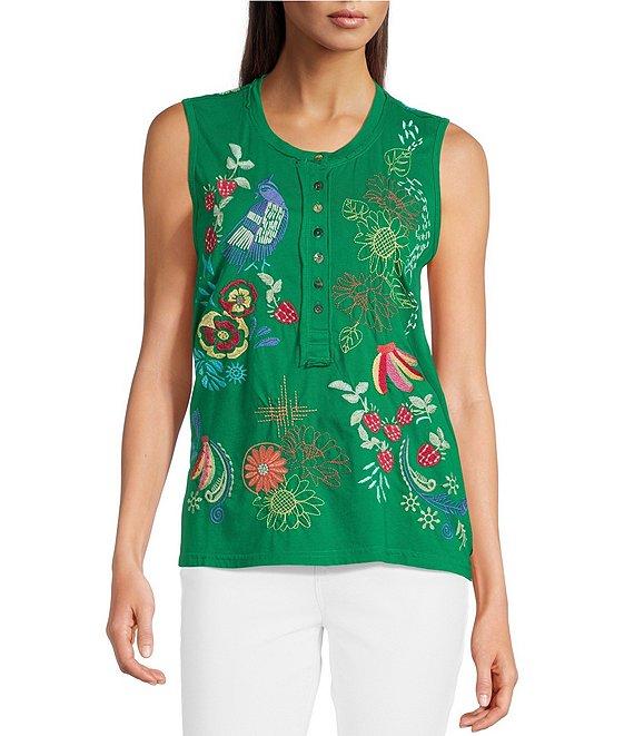 JOHNNY WAS Embroidered Floral Cotton Knit Raw Edge Detail Round Neck Henley Sleeveless Tank Product Image
