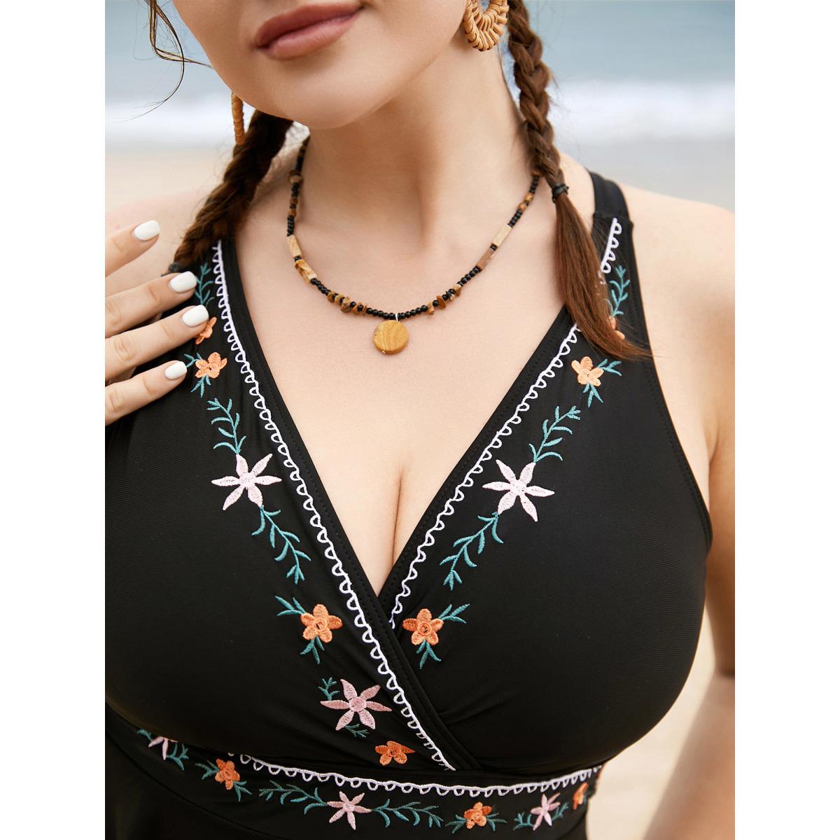 Plus Size Floral Embroidered Overlap Collar Swim Dress Women's Swimwear Black Beach Bodycon Overlap Collar High stretch Curve Swim Dresses BloomChic 14-16/1X Product Image