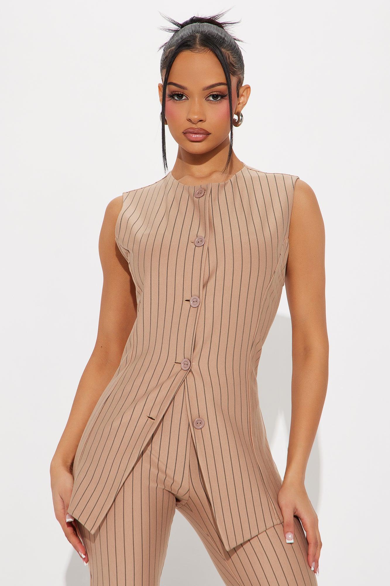 Like A Boss Pinstripe Vest And Pant Set - Taupe Product Image