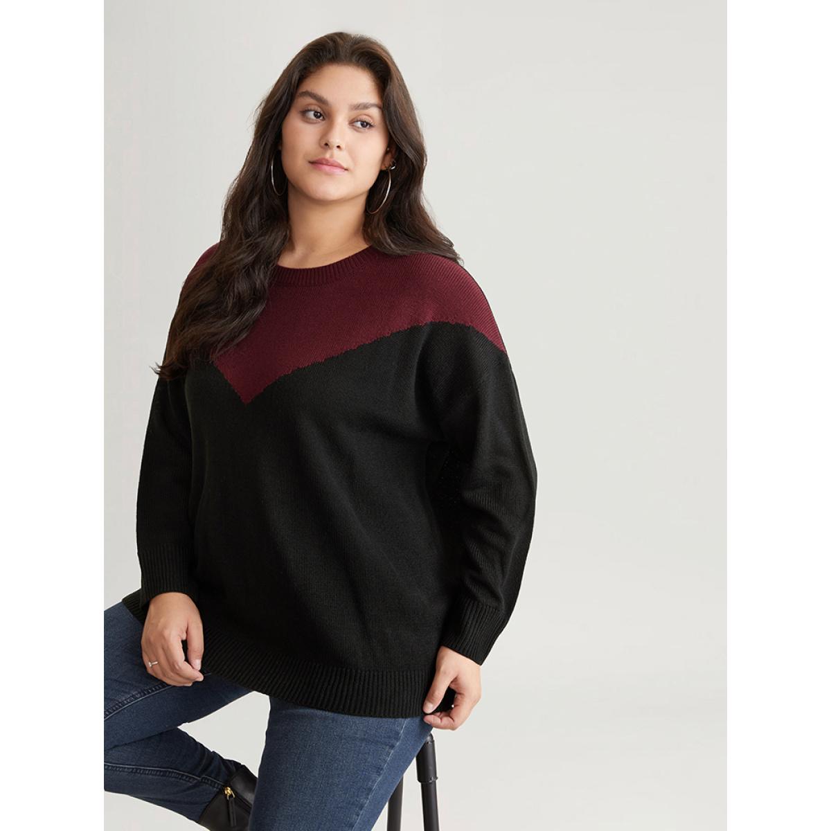 Plus Size Patchwork Colorblock Drop Shoulder Pullover Burgundy Women Casual Loose Long Sleeve Round Neck Dailywear Pullovers BloomChic 18-20/2X Product Image