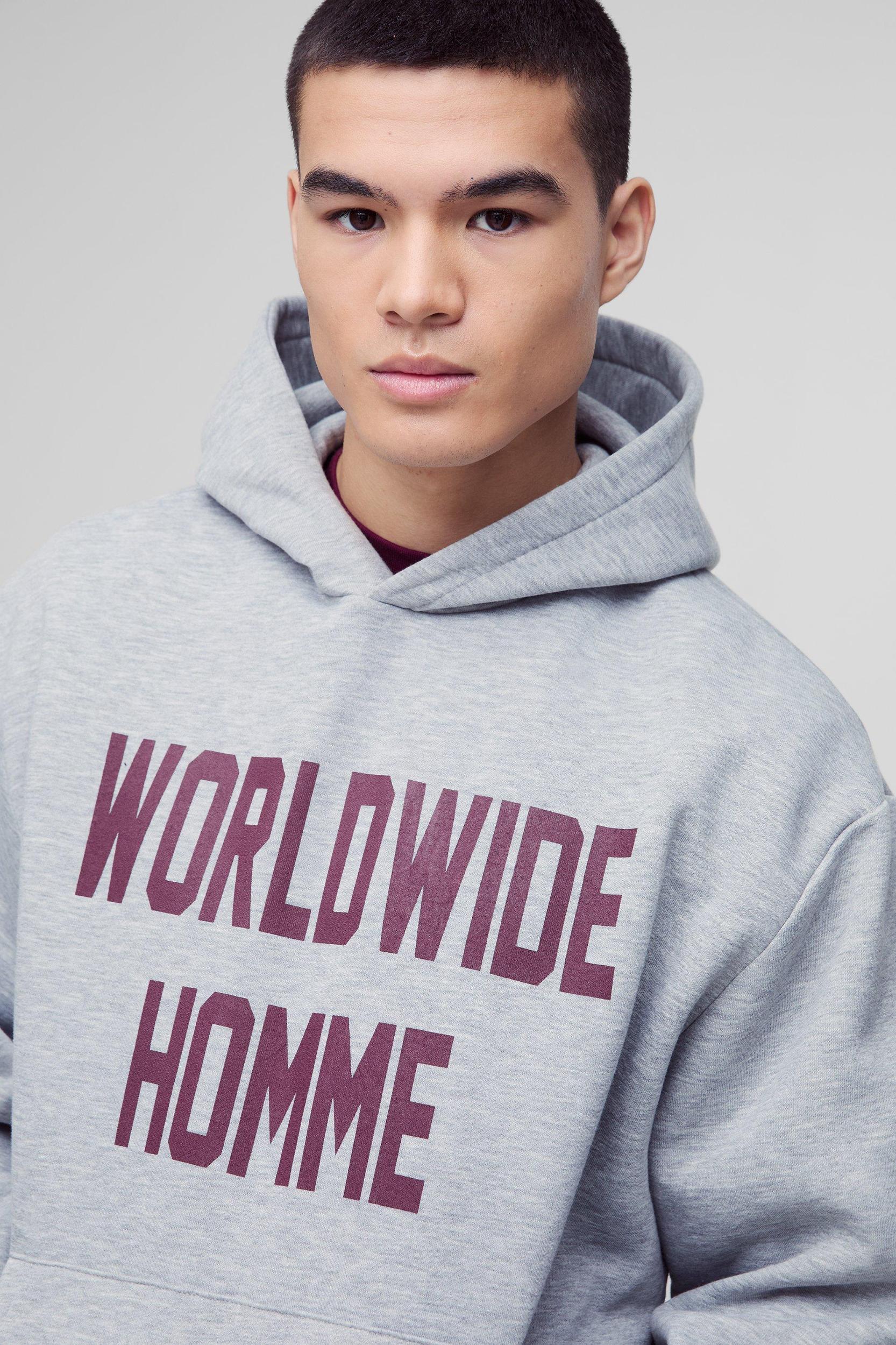 Oversized Boxy Worldwide Print Hoodie | boohooMAN USA Product Image