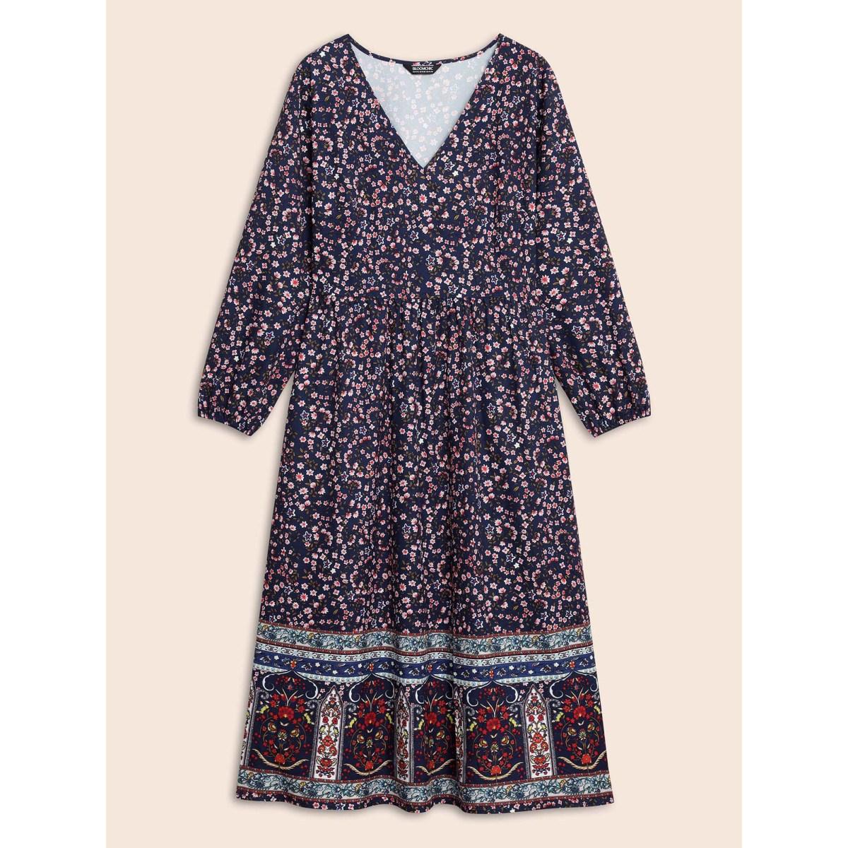 Plus Size Boho Print Lantern Sleeve Midi Dress DarkBlue Women Resort Non V-neck Long Sleeve Curvy BloomChic 10/M Product Image