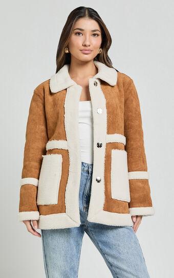 Shelley Coat - Faux Shearling Aviator Coat in Brown Product Image