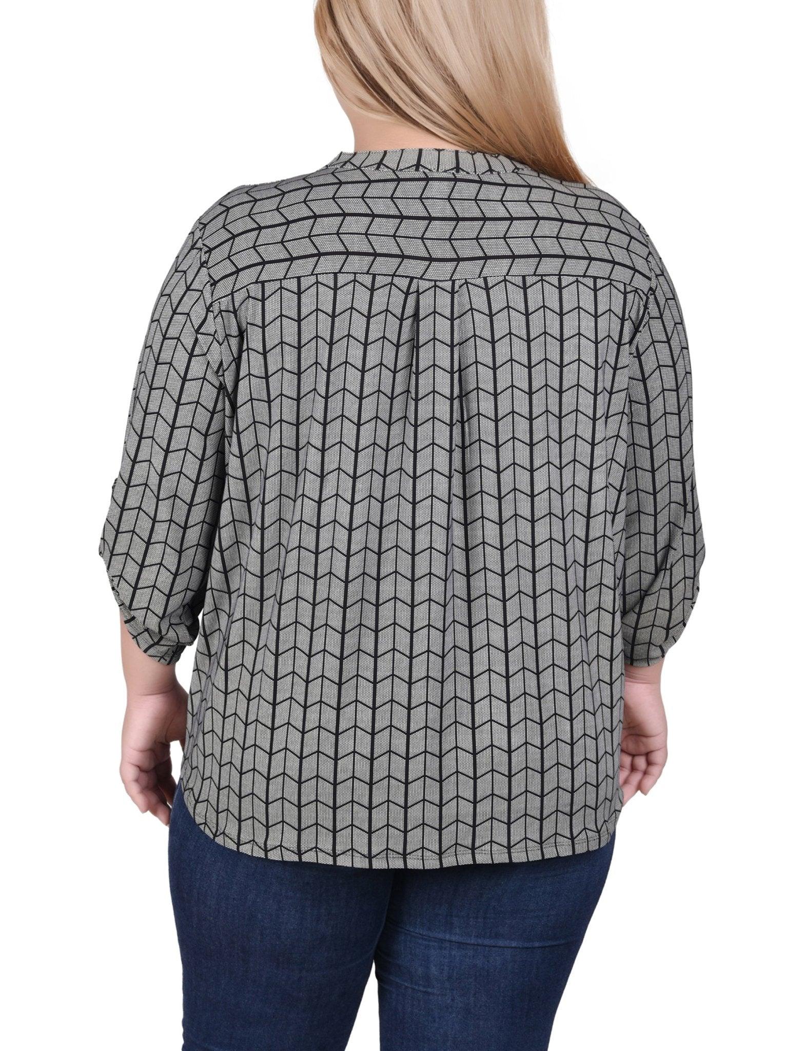 Blk Wht Diagonal Stripe Dot Long Tab-Sleeve Top With Pockets - Plus Product Image