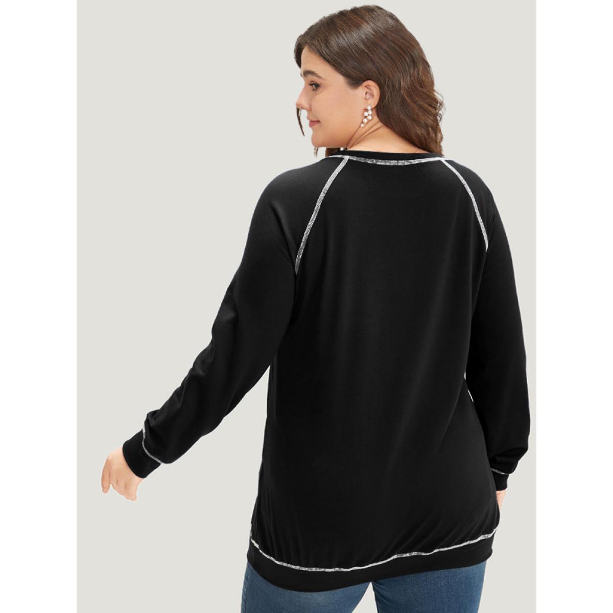 Plus Size Floral Print Stitch Crew Neck Raglan Sleeve Sweatshirt Women Black Casual Elastic cuffs Dailywear Sweatshirts BloomChic 30/6X Product Image