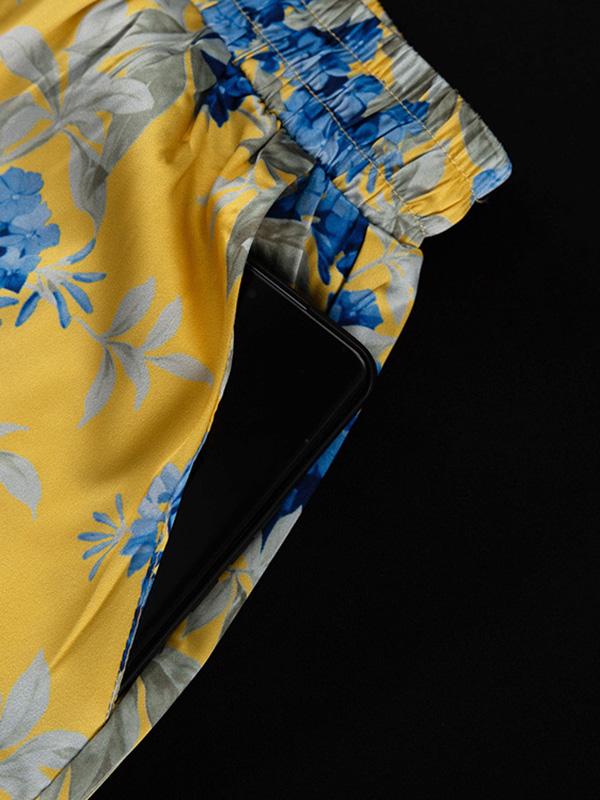 Loose Printed Split-Joint Deep V-Neck Lace-Up Blouse + Drawstring Elasticity Pants Trousers Two Pieces Set Product Image