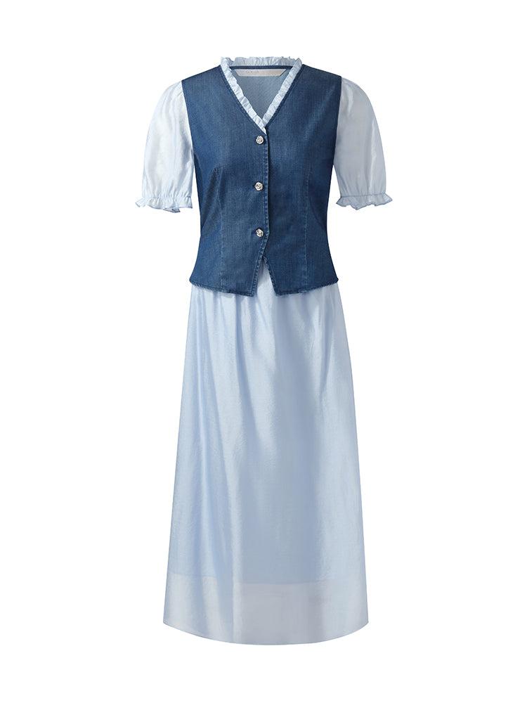 Denim Lyocell Patchwork Crop Jacket And Skirt Two-Piece Set Product Image