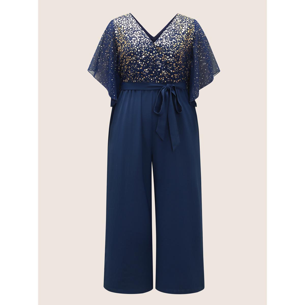 Plus Size DarkBlue Glitter Overlap Collar Mesh Flutter Sleeve Jumpsuit Women Cocktail Half Sleeve Overlap Collar Party Loose Jumpsuits BloomChic 14-16/1X Product Image