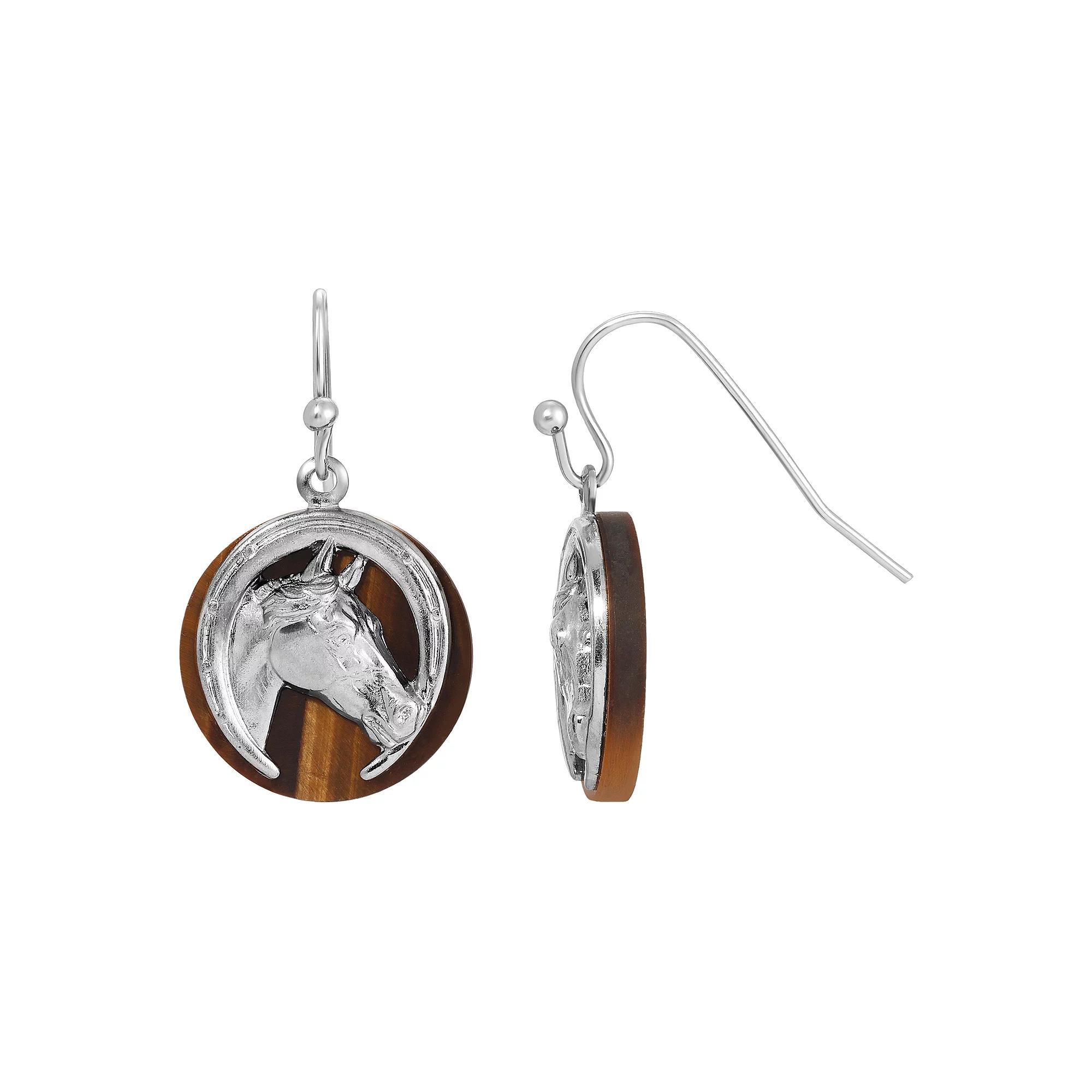 1928 Silver Tone Tiger Eye Horse Head Round Earrings, Womens, Brown Product Image