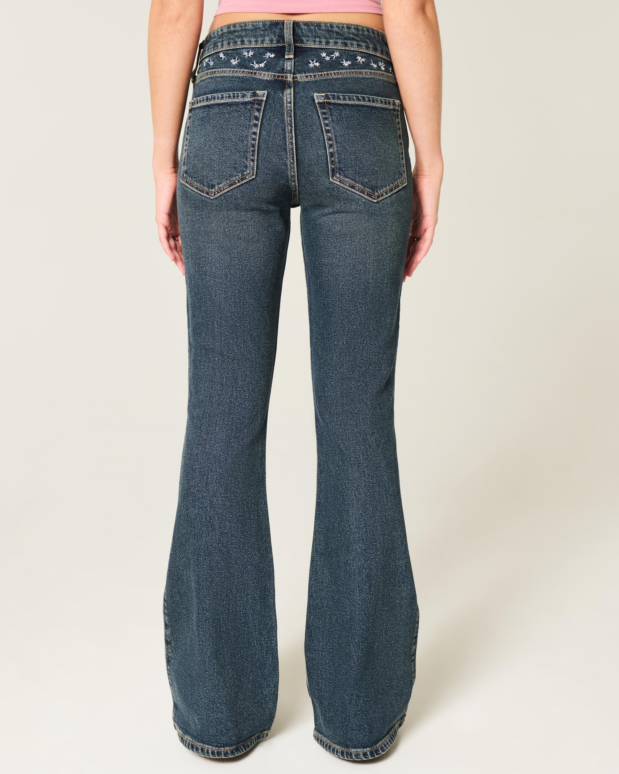 High-Rise Dark Wash Embroidered Florals Flare Jeans Product Image