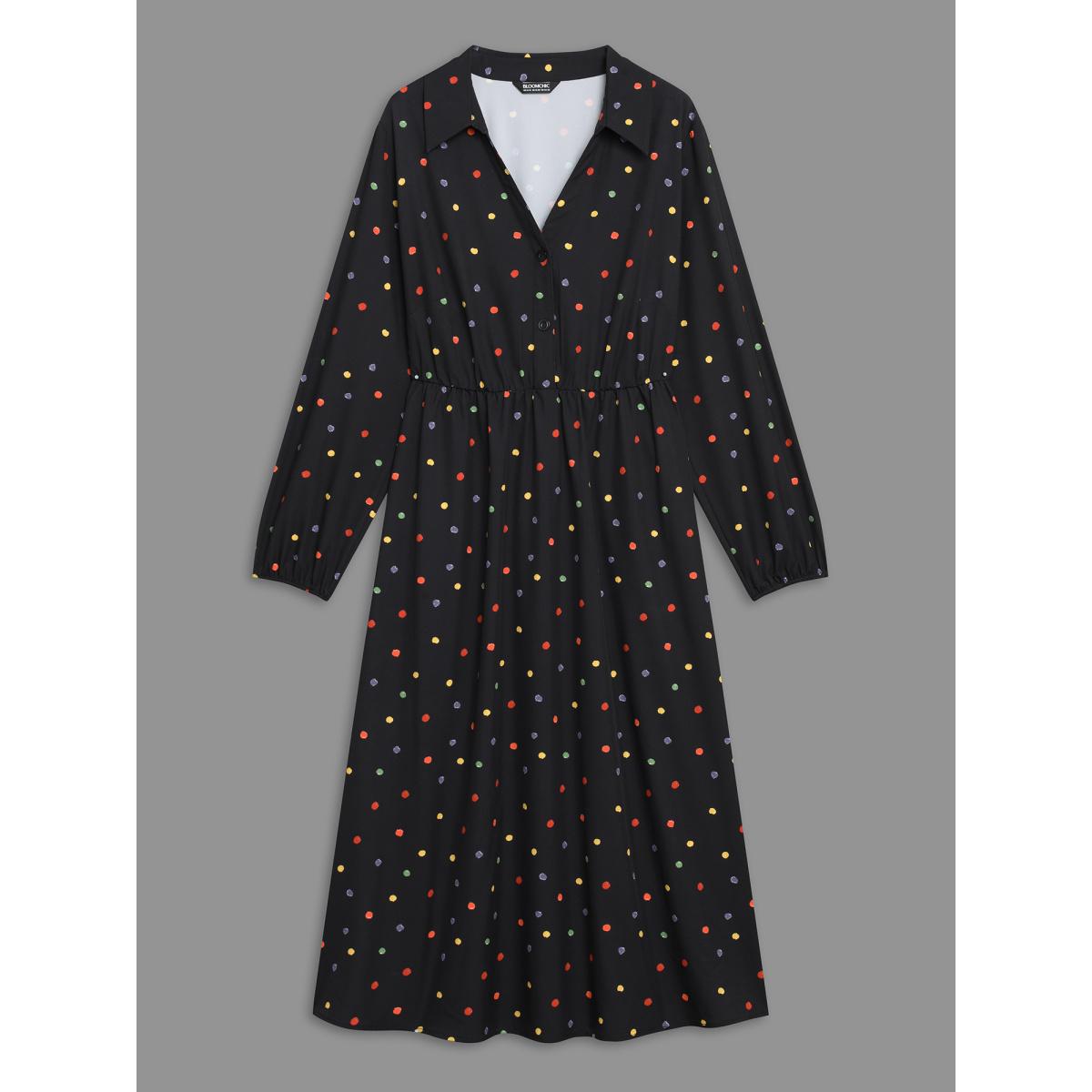 Plus Size Shirt Collar Colored Polka Dot Dress Black Women Elegant Button Shirt collar Long Sleeve Curvy BloomChic 22-24/3X Product Image