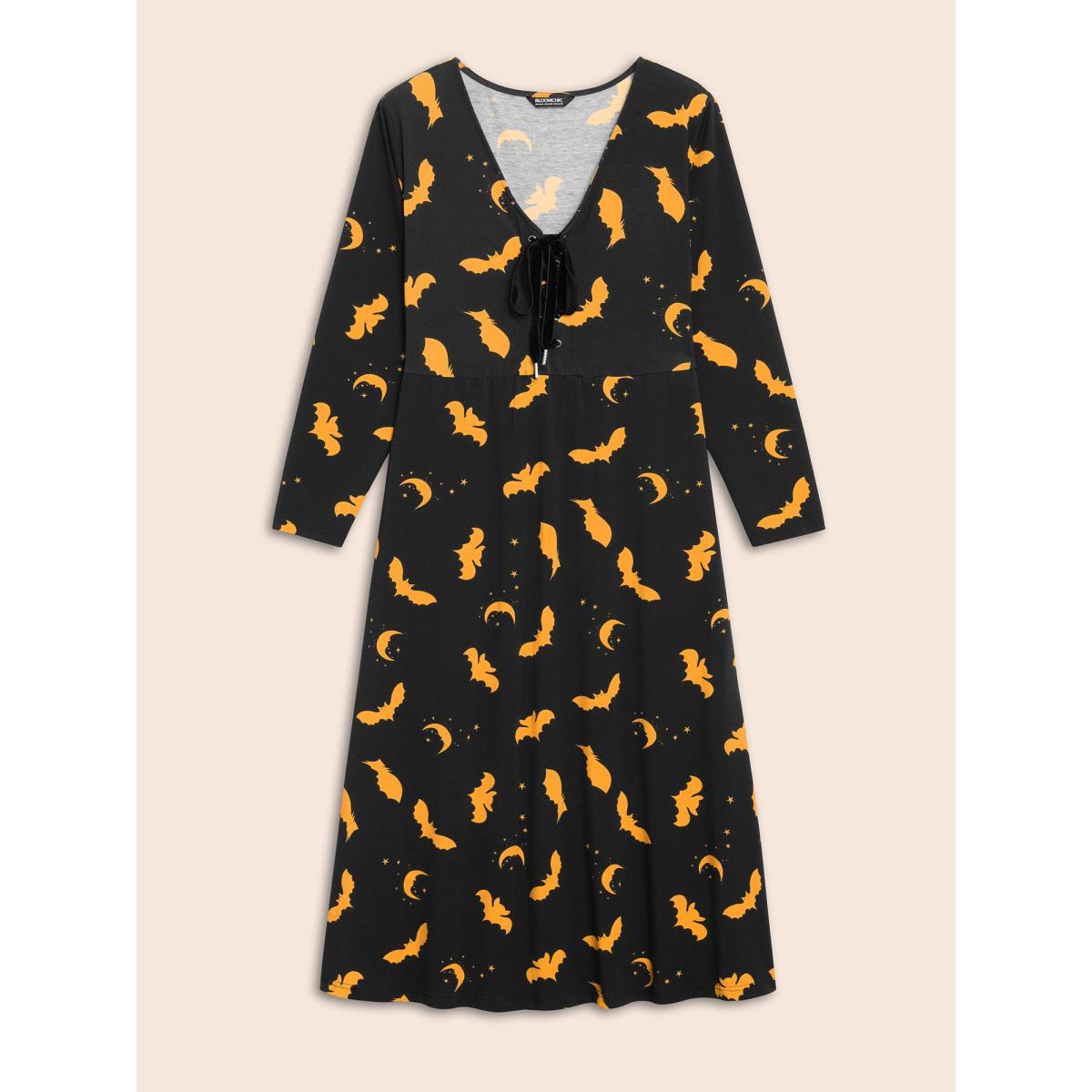 Plus Size Bat Printed Velvet Drawstring Midi Dress Brightorange Women Cocktail Wraparound straps Party Curvy Bloomchic 28/5X Product Image