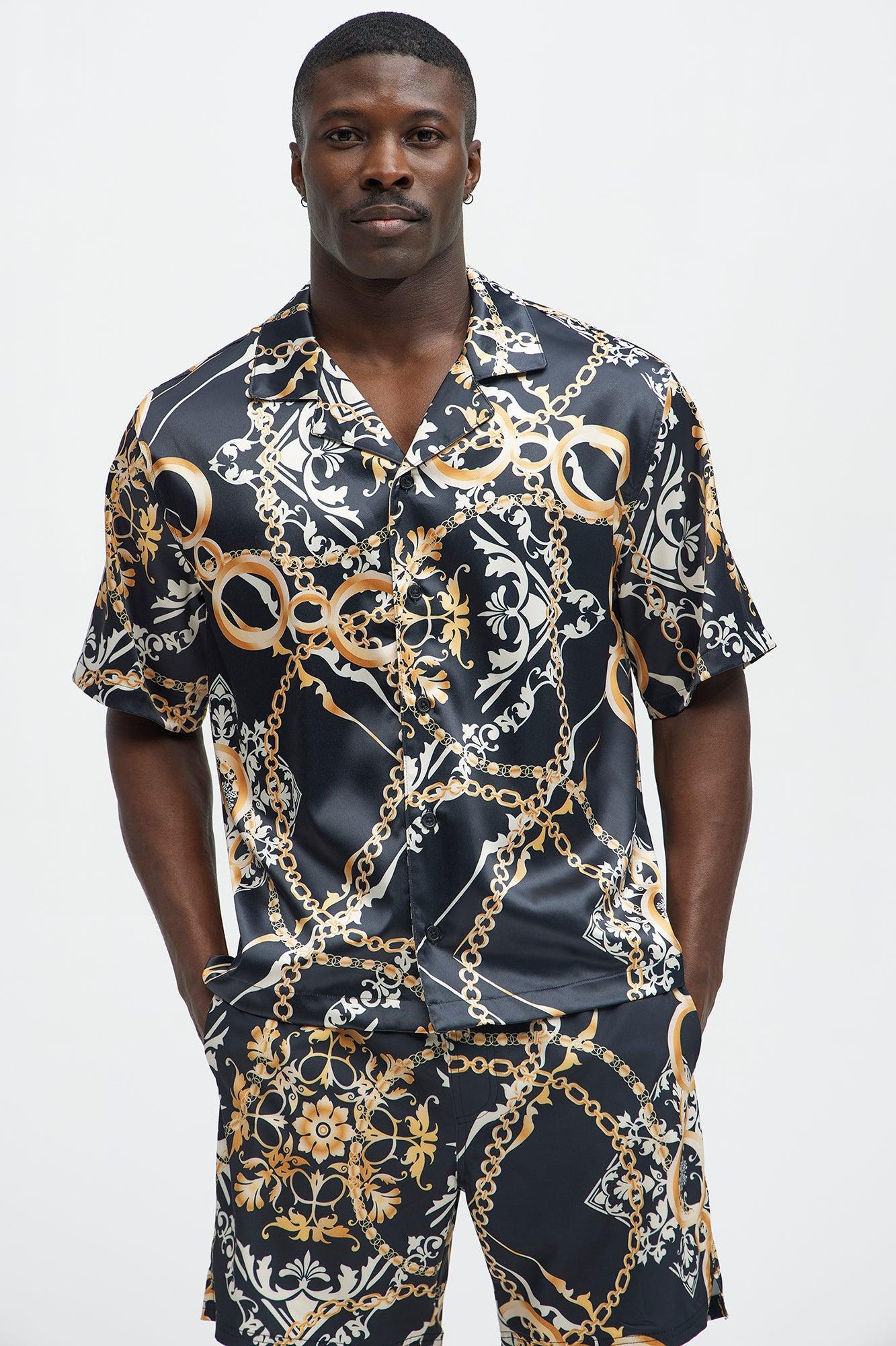 Baroque Chain Cuban Collar Button Up Shirt - Black/Gold Product Image