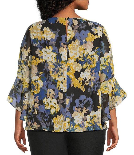 Kasper Plus Size Boat Neck Ruffle Sleeve Abstract Floral Printed Chiffon Blouse Product Image